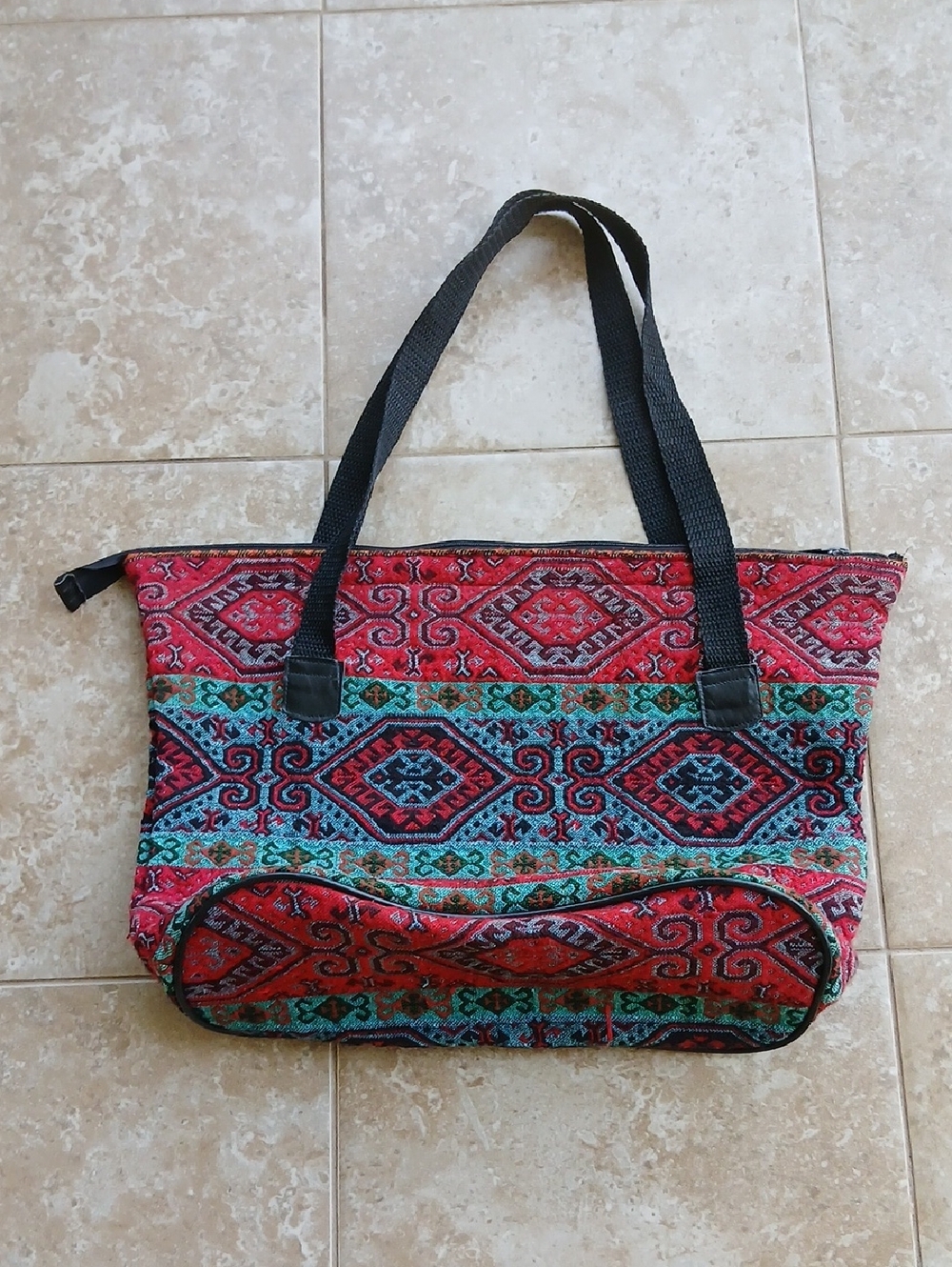 Boho Red & Teal Patterned Tapestry Tote with Black Handles